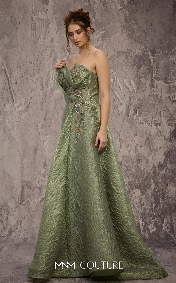MNM Couture Style Q3355 strapless brocade A-line gown with a beaded bodice and flowing skirt. \ Couture Shop LA