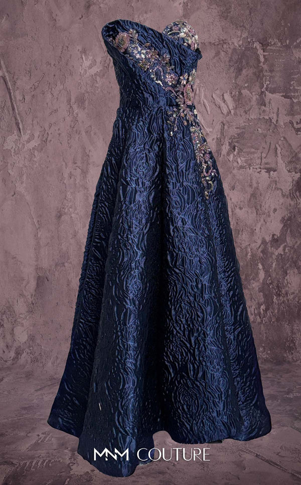 MNM Couture Style Q3355 strapless brocade A-line gown with a beaded bodice and flowing skirt. \ Couture Shop LA