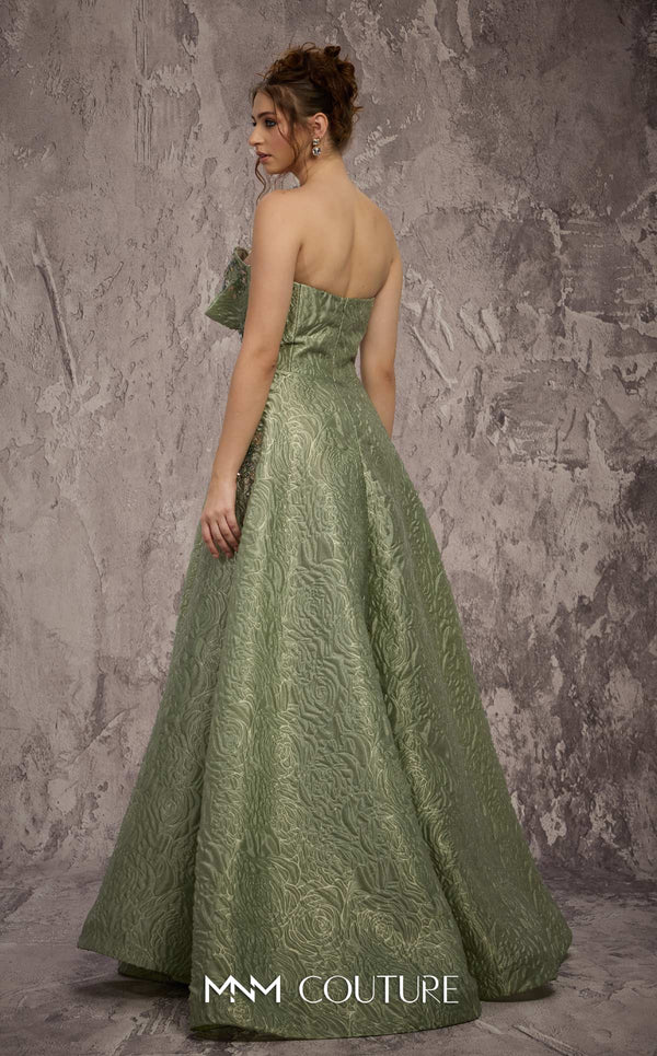 MNM Couture Style Q3355 strapless brocade A-line gown with a beaded bodice and flowing skirt. \ Couture Shop LA