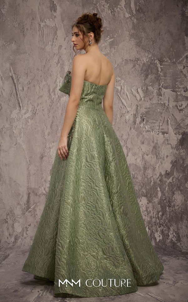 MNM Couture Style Q3355 strapless brocade A-line gown with a beaded bodice and flowing skirt. \ Couture Shop LA