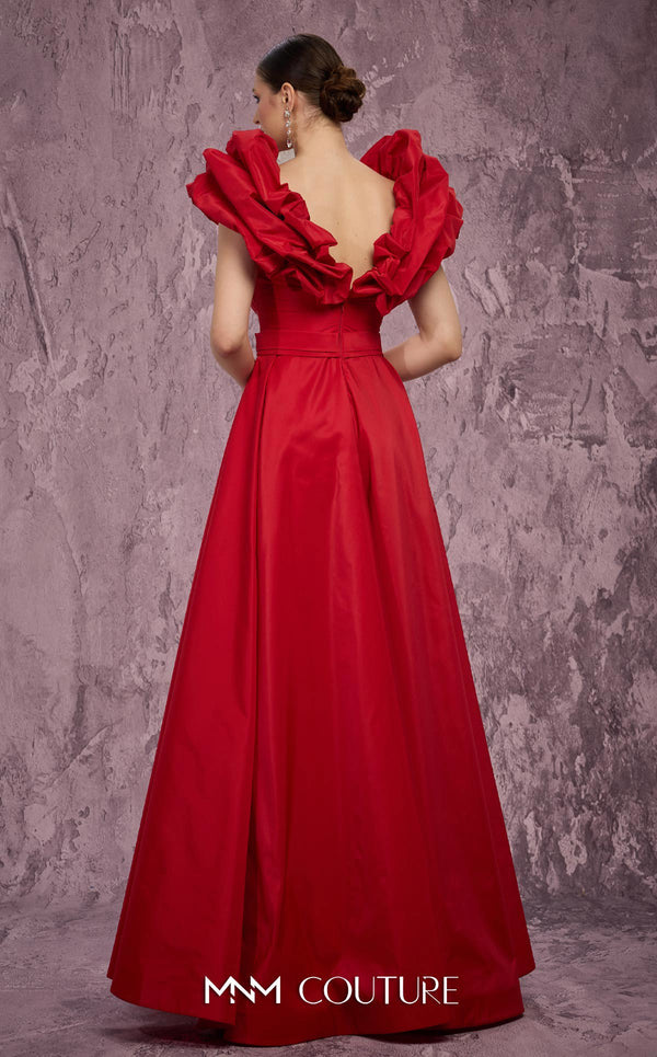 MNM Couture Style Q4363 taffeta A-line gown with peplum shoulders, deep V-neckline, and open-back bodice. \ Couture Shop LA