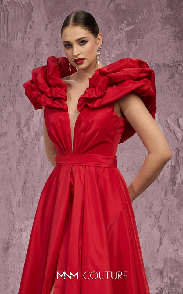 MNM Couture Style Q4363 taffeta A-line gown with peplum shoulders, deep V-neckline, and open-back bodice. \ Couture Shop LA
