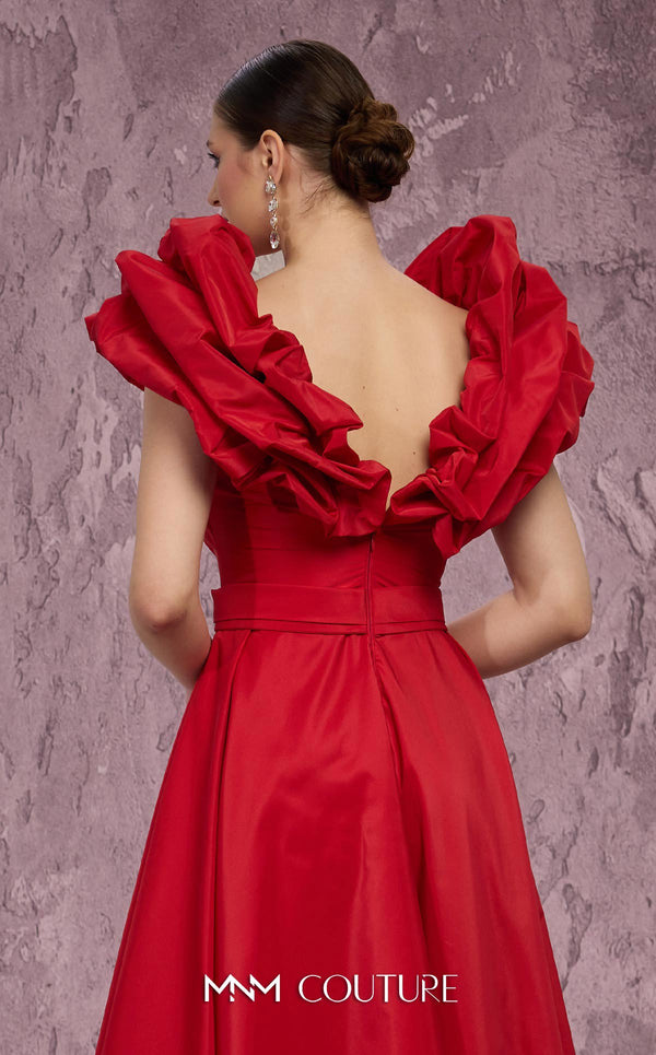 MNM Couture Style Q4363 taffeta A-line gown with peplum shoulders, deep V-neckline, and open-back bodice. \ Couture Shop LA