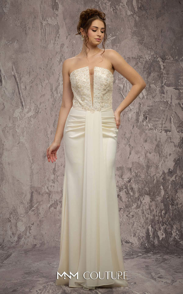 MNM Couture Style Q7545 beaded evening gown with a corseted bodice, ruched hips, and pleated mermaid skirt. \ Couture Shop LA