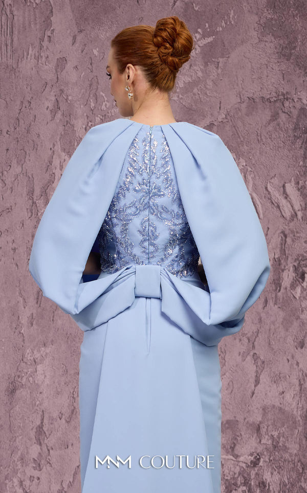 MNM Couture Style Q7615 crepe gown with caped sleeves, bow train, and embellished bodice. \ Couture Shop LA