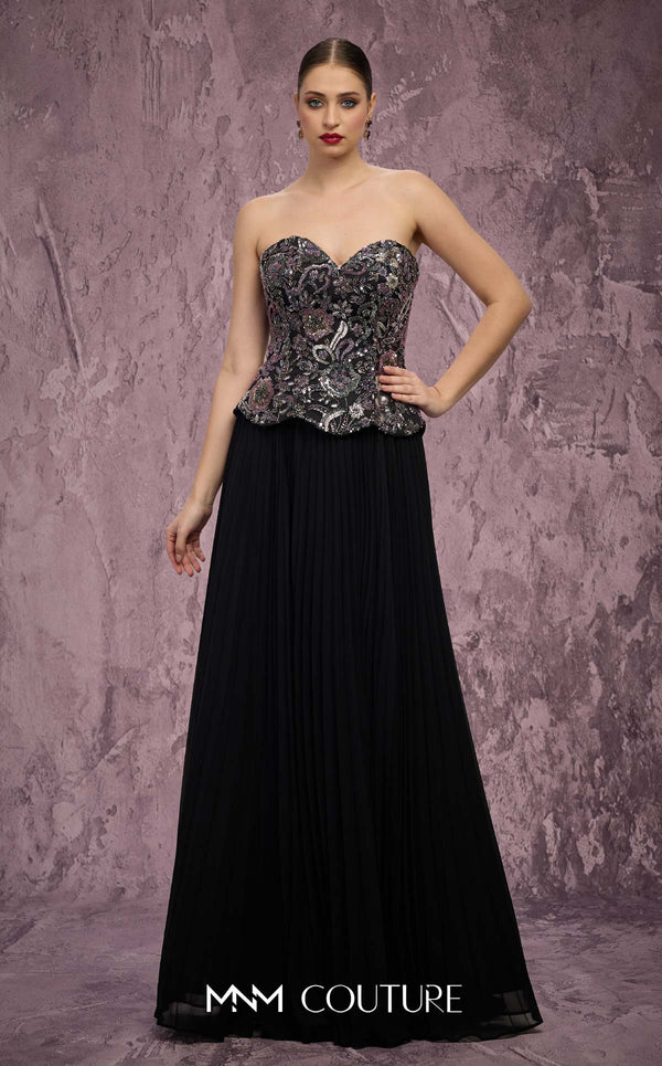 MNM Couture Style Q7778 pleated chiffon gown with a beaded corset and structured skirt. \ Couture Shop LA