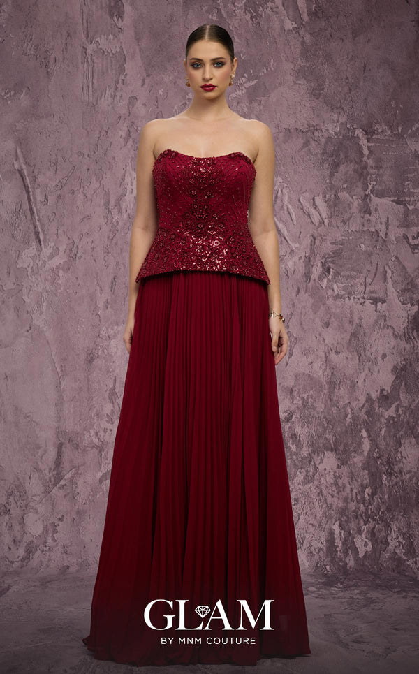 MNM Couture Style Q7788 strapless A-line chiffon gown with a beaded top and pleated skirt. \ Couture Shop LA