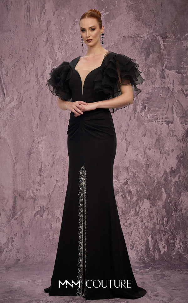 MNM Couture Style Q8022 mermaid gown with ruffled sleeves, mesh neckline, and crystal-embellished slit. \ Couture Shop LA