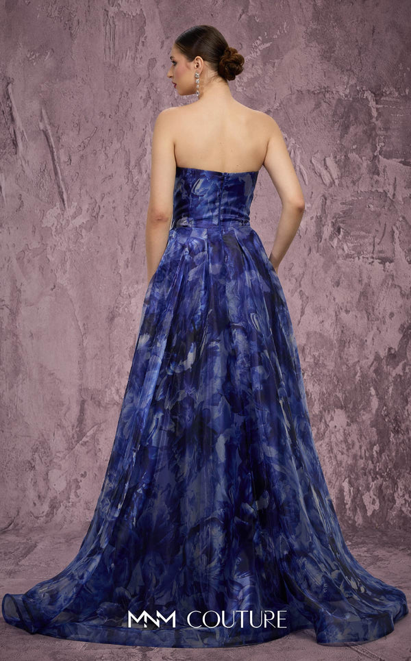 MNM Couture Style Q9060 strapless A-line gown with a deep V-neckline, crystal embellishments, and a side slit. \ Couture Shop LA