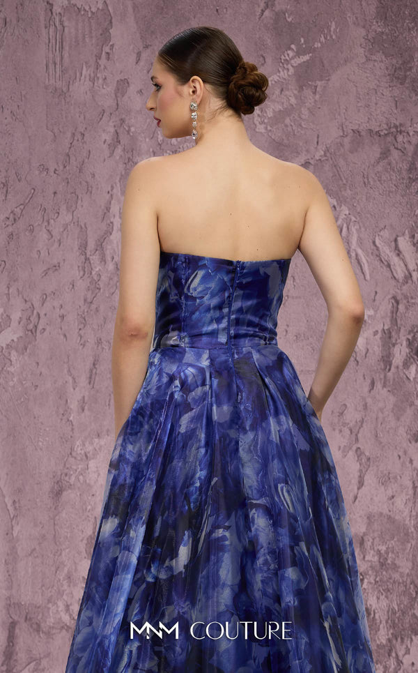 MNM Couture Style Q9060 strapless A-line gown with a deep V-neckline, crystal embellishments, and a side slit. \ Couture Shop LA