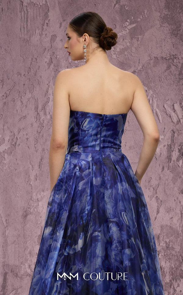 MNM Couture Style Q9060 strapless A-line gown with a deep V-neckline, crystal embellishments, and a side slit. \ Couture Shop LA