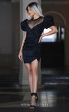 GLAM By MNM COUTURE R01043 taffeta midi dress with round neckline and eye-catching puff sleeves.