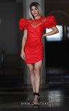 GLAM By MNM COUTURE R01043 taffeta midi dress with round neckline and eye-catching puff sleeves.