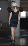 GLAM By MNM COUTURE R01043 taffeta midi dress with round neckline and eye-catching puff sleeves.