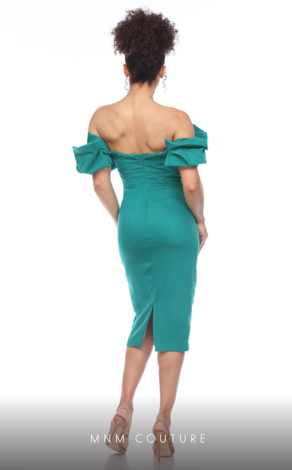 GLAM by MNM Couture R01090 strapless off-the-shoulder ruffled midi dress in luxe fabric. | Couture Shop LA