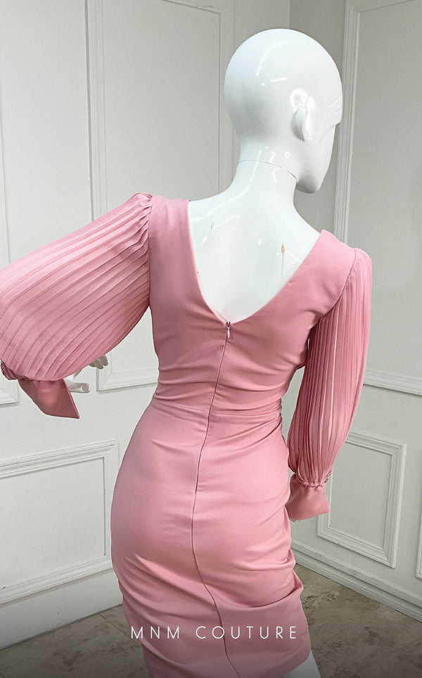 GLAM by MNM Couture R01104 long pleated sleeve V-neck midi dress with draped details. | Couture Shop LA