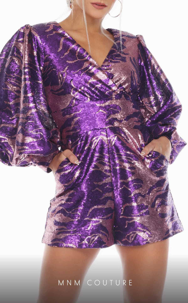 GLAM by MNM Couture R01113 puff sleeve deep V-neck sequin romper with striking style. | Couture Shop LA