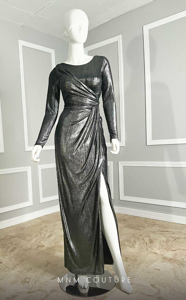 GLAM by MNM Couture R06104 long sleeve pleated maxi dress with flowing silhouette. | Couture Shop LA