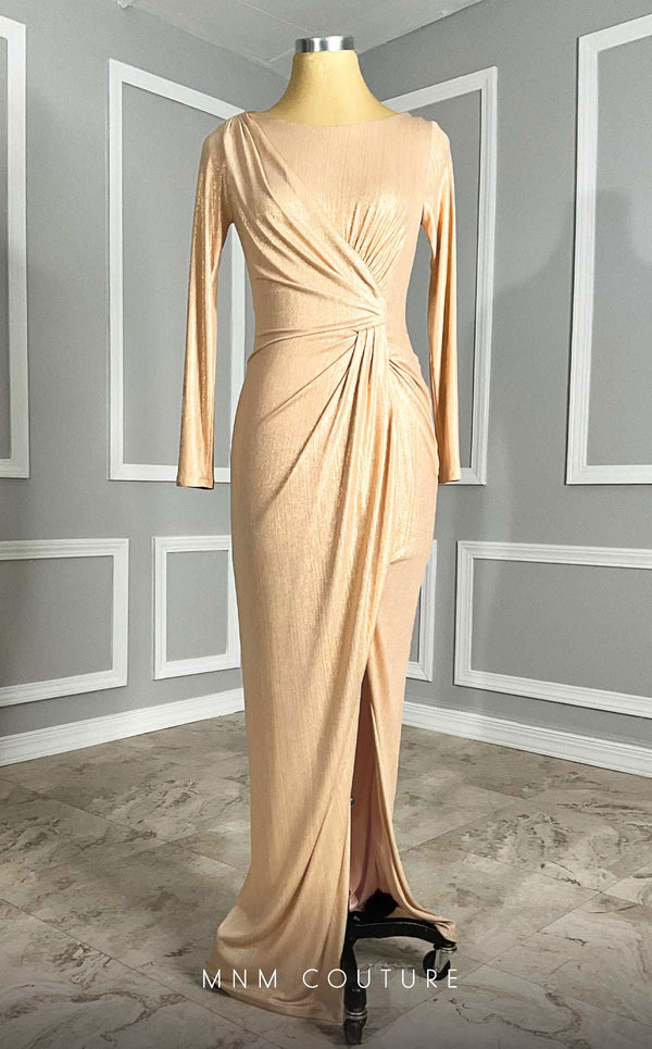GLAM by MNM Couture R06104 long sleeve pleated maxi dress with flowing silhouette. | Couture Shop LA