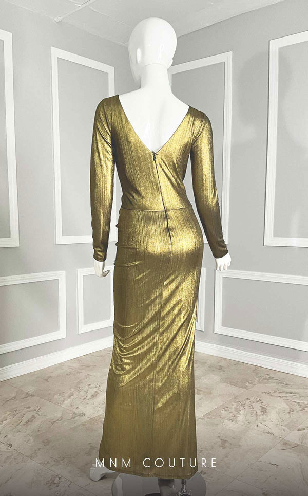 GLAM by MNM Couture R06104 long sleeve pleated maxi dress with flowing silhouette. | Couture Shop LA
