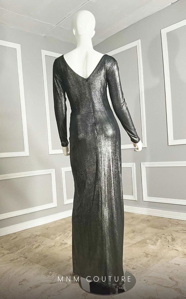 GLAM by MNM Couture R06104 long sleeve pleated maxi dress with flowing silhouette. | Couture Shop LA