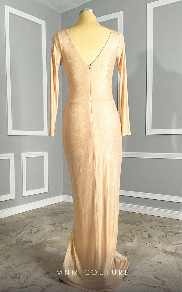 GLAM by MNM Couture R06104 long sleeve pleated maxi dress with flowing silhouette. | Couture Shop LA