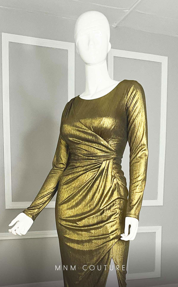 GLAM by MNM Couture R06104 long sleeve pleated maxi dress with flowing silhouette. | Couture Shop LA