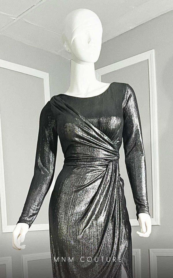 GLAM by MNM Couture R06104 long sleeve pleated maxi dress with flowing silhouette. | Couture Shop LA