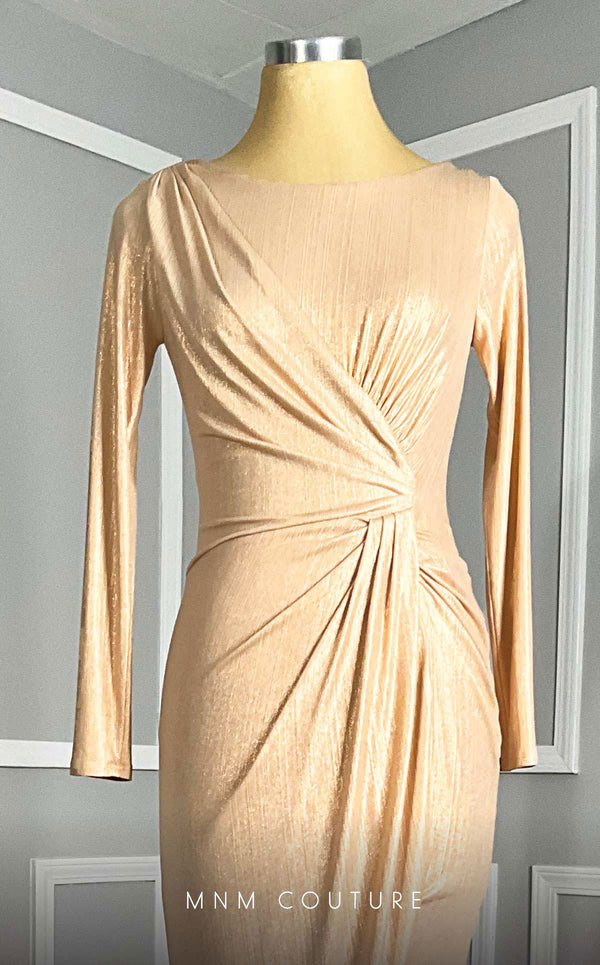 GLAM by MNM Couture R06104 long sleeve pleated maxi dress with flowing silhouette. | Couture Shop LA