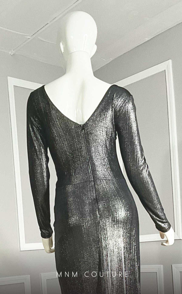 GLAM by MNM Couture R06104 long sleeve pleated maxi dress with flowing silhouette. | Couture Shop LA