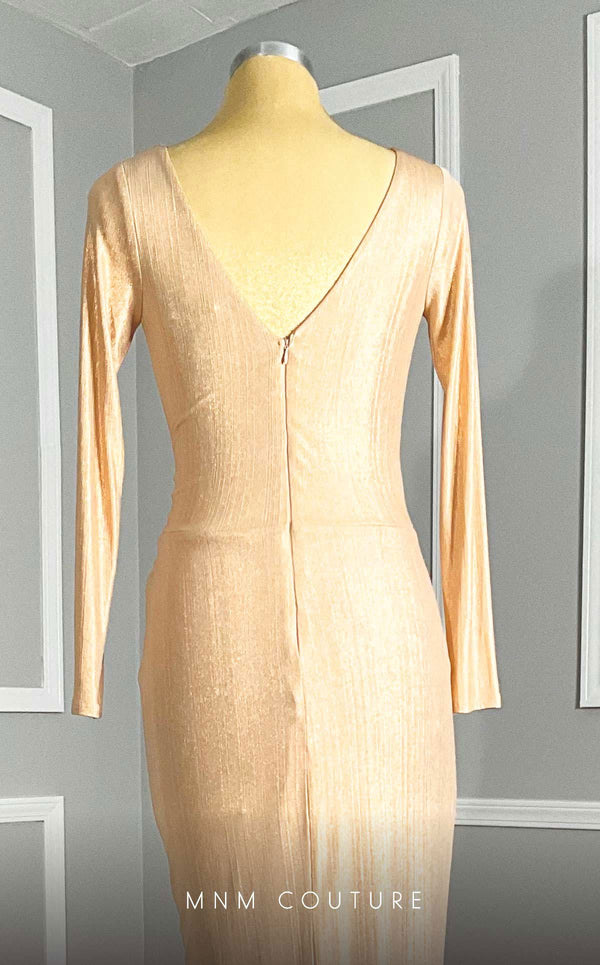 GLAM by MNM Couture R06104 long sleeve pleated maxi dress with flowing silhouette. | Couture Shop LA