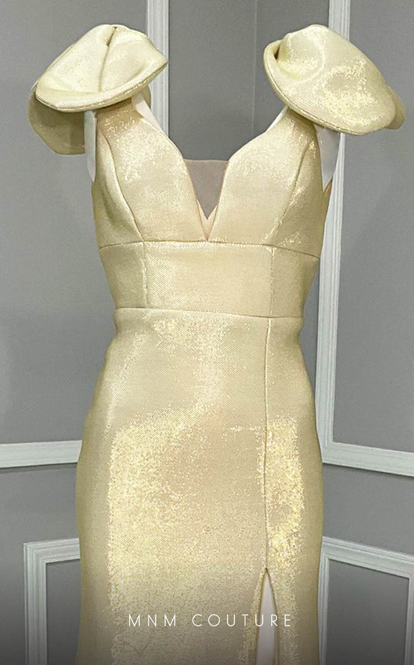 GLAM by MNM Couture R07685 bow sleeve V-neck scuba maxi dress with chic accents. | Couture Shop LA