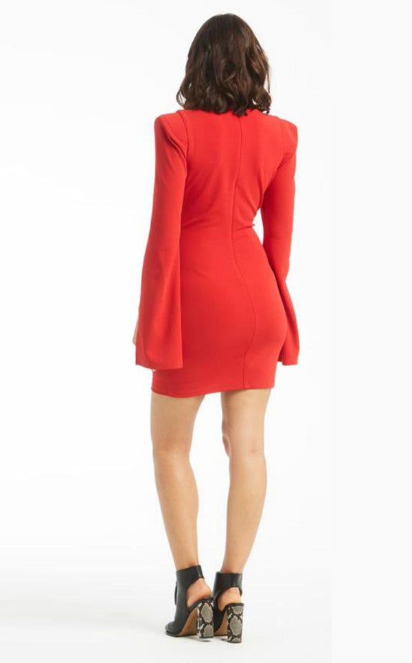 MNM Couture R0959 red crepe body-con mini dress with deep plunging V-neckline and long fitted sleeves flaring into dramatic bell cuffs | Couture Shop LA