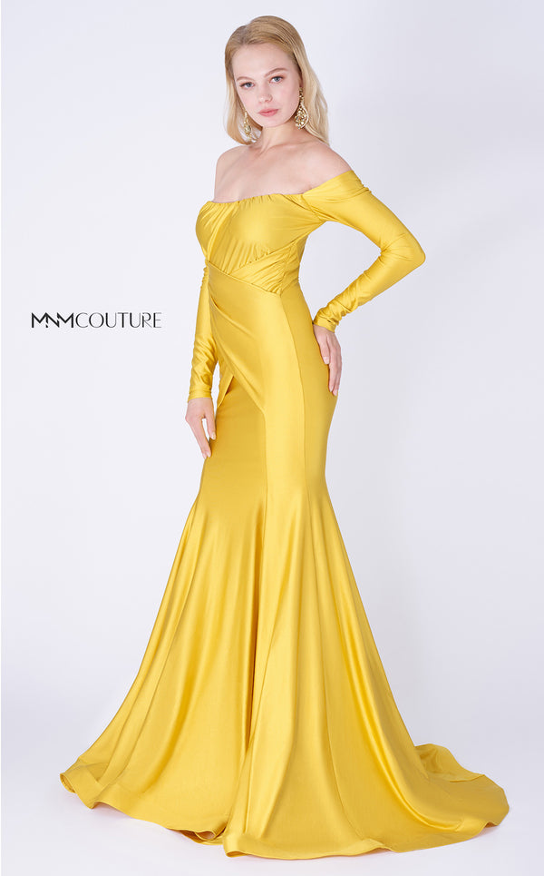 MNM Couture S0003A off-shoulder mermaid gown with ruched bustline and dramatic train. | Couture Shop LA