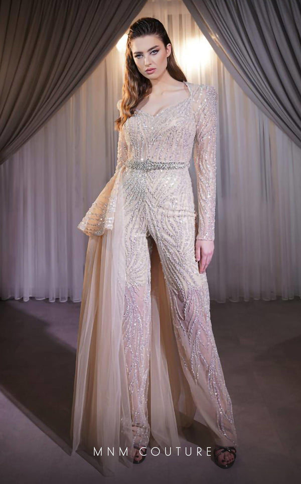 GLAM by MNM Couture S7144 Queen Anne neckline jumpsuit with long sleeves and refined tailoring | Couture Shop LA