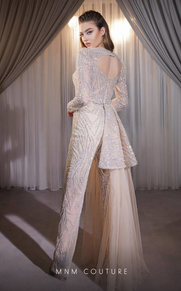GLAM by MNM Couture S7144 Queen Anne neckline jumpsuit with long sleeves and refined tailoring | Couture Shop LA