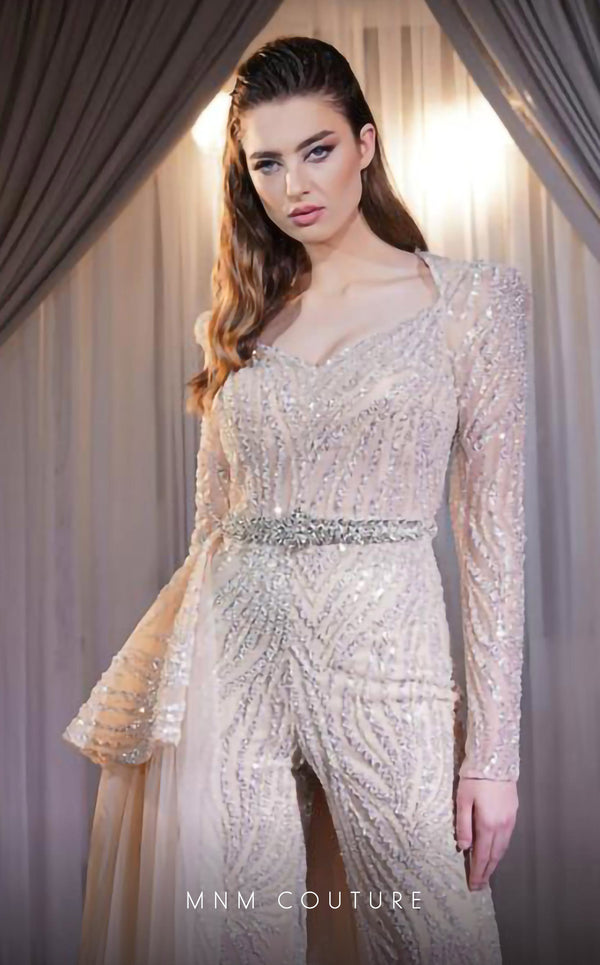 GLAM by MNM Couture S7144 Queen Anne neckline jumpsuit with long sleeves and refined tailoring | Couture Shop LA