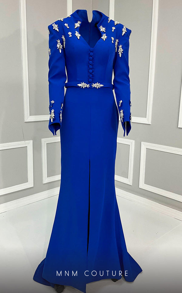 MNM Couture V02030 Rayon Crepe gown with slashed sleeves, refined belt and V-neck. Embellished with rhinestones and crystals. | Couture Shop LA