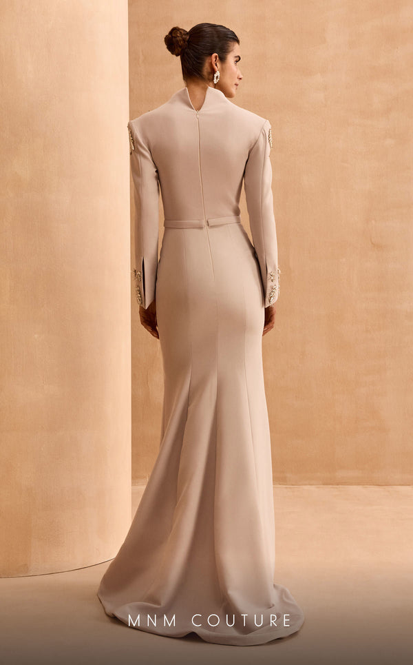 MNM Couture V02030 Rayon Crepe gown with slashed sleeves, refined belt and V-neck. Embellished with rhinestones and crystals. | Couture Shop LA
