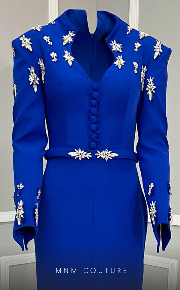 MNM Couture V02030 Rayon Crepe gown with slashed sleeves, refined belt and V-neck. Embellished with rhinestones and crystals. | Couture Shop LA
