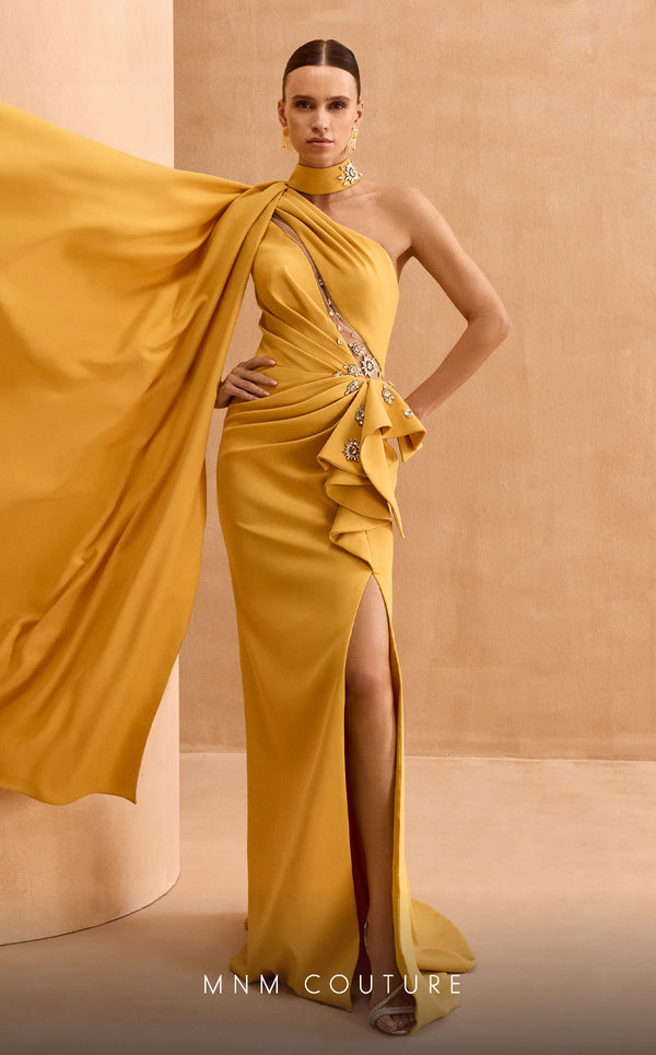 MNM Couture V02033 asymmetric gown embellished with rhinestones with fabric collar and cape. | Couture Shop LA