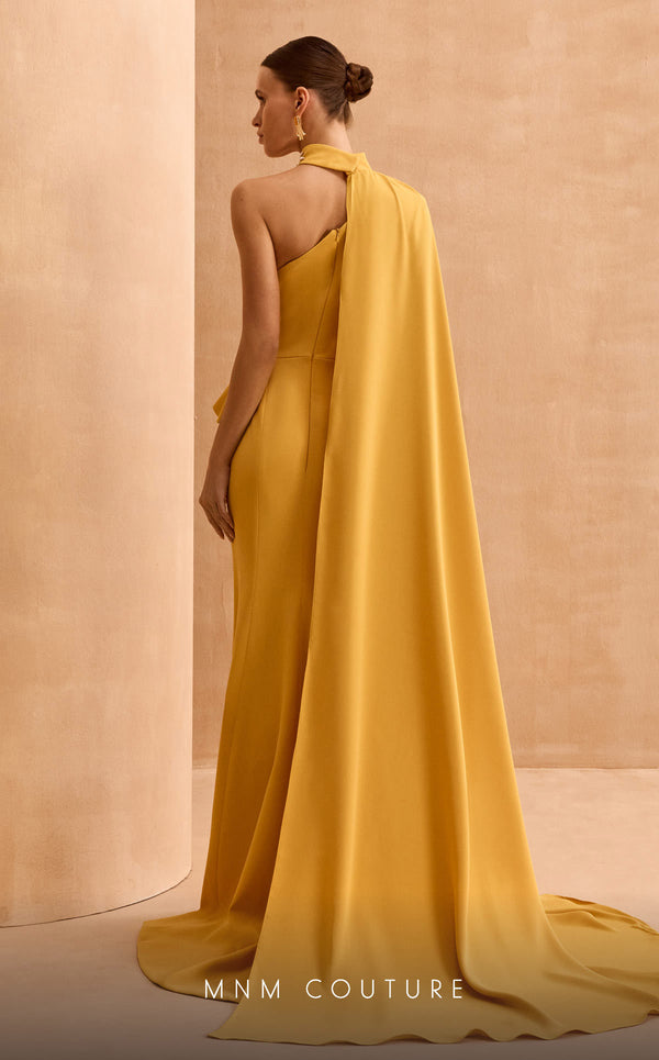 MNM Couture V02033 asymmetric gown embellished with rhinestones with fabric collar and cape. | Couture Shop LA