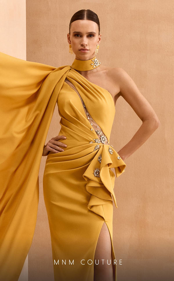 MNM Couture V02033 asymmetric gown embellished with rhinestones with fabric collar and cape. | Couture Shop LA