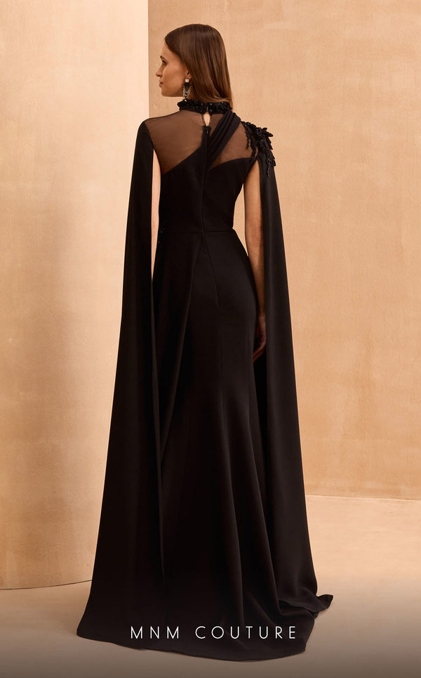 MNM Couture V02037 Rayon Crepe Mermaid gown with High Neck and embellished cape sleeves. | Couture Shop LA