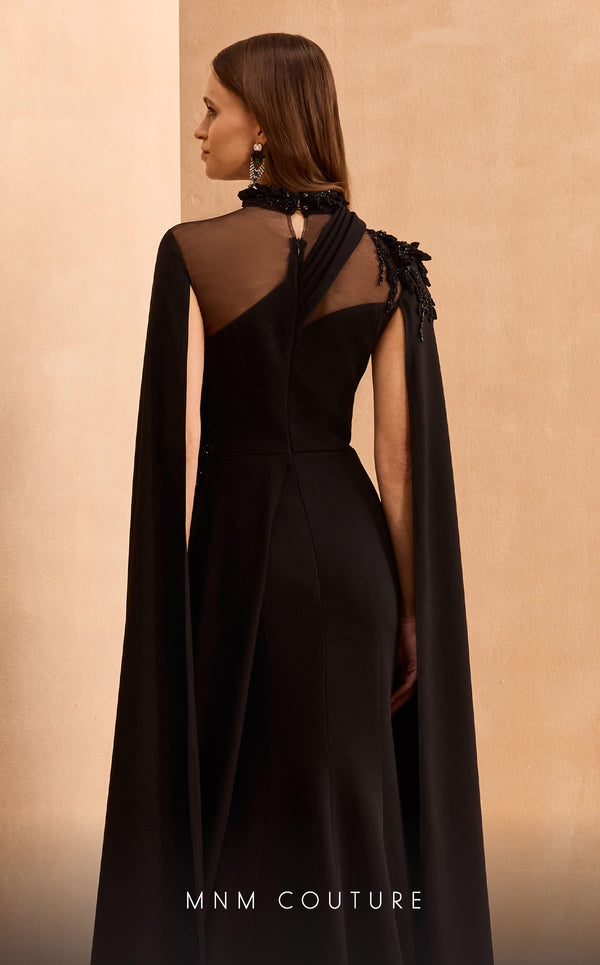 MNM Couture V02037 Rayon Crepe Mermaid gown with High Neck and embellished cape sleeves. | Couture Shop LA