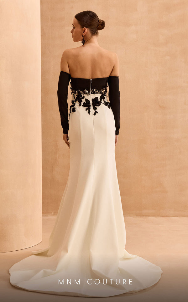 MNM Couture V02038 black & white rayon crepe trumpet gown with floral embroidery and sequins.| Couture Shop LA