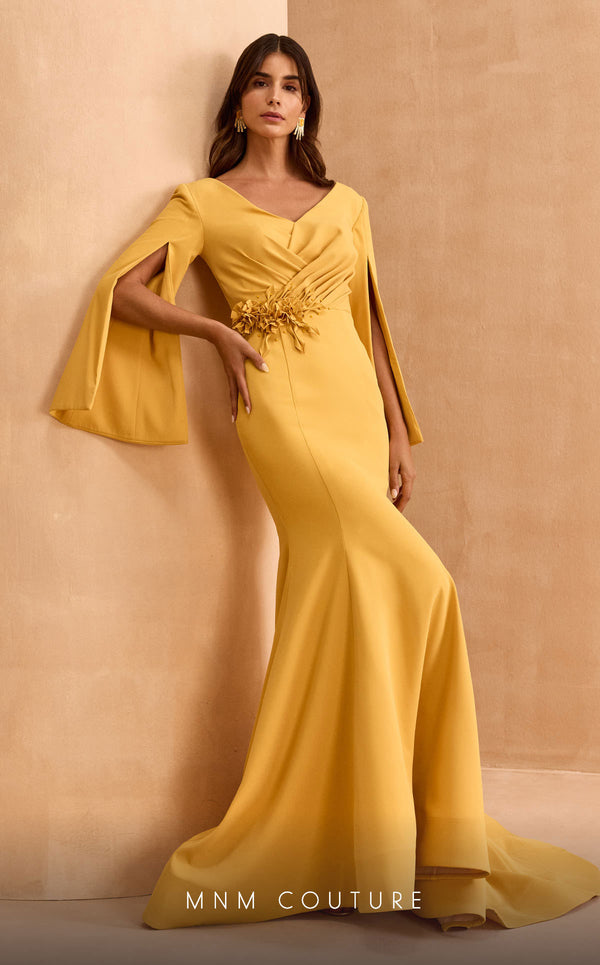 MNM Couture V02044 trumpet gown with cloak sleeves and crystal beads. | Couture Shop LA