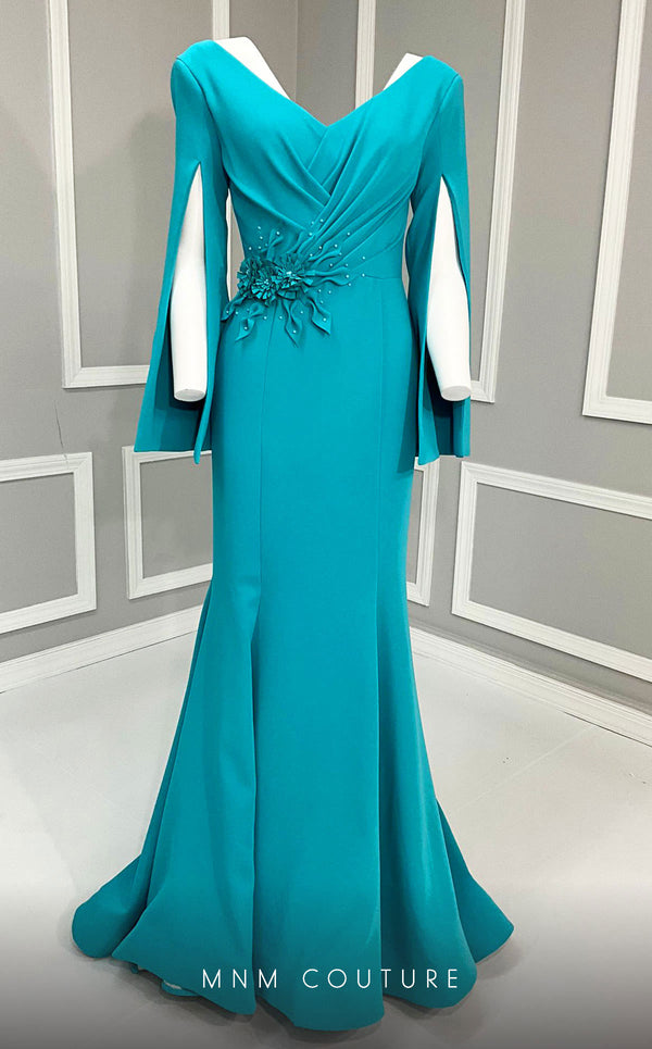MNM Couture V02044 trumpet gown with cloak sleeves and crystal beads. | Couture Shop LA