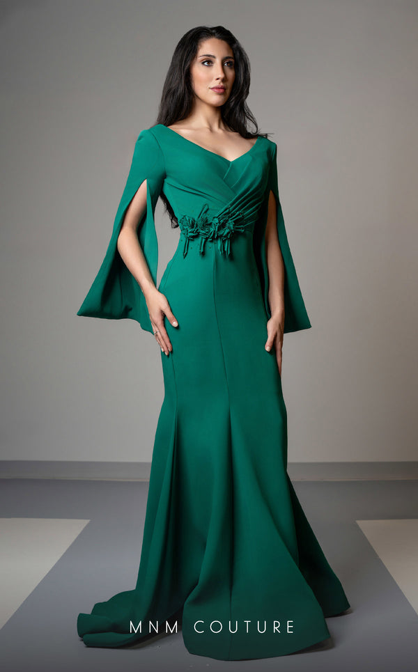 MNM Couture V02044 trumpet gown with cloak sleeves and crystal beads. | Couture Shop LA