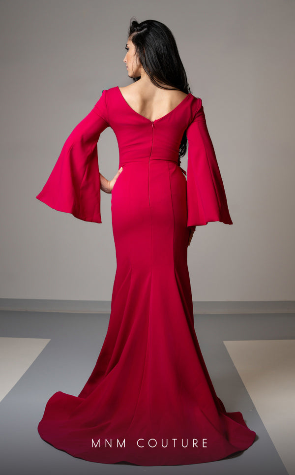 MNM Couture V02044 trumpet gown with cloak sleeves and crystal beads. | Couture Shop LA